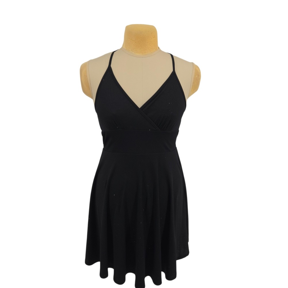 Romwe Skater Dress L Black Ribbed Glitter Sleeveless Party Mini Sparkly Cocktail